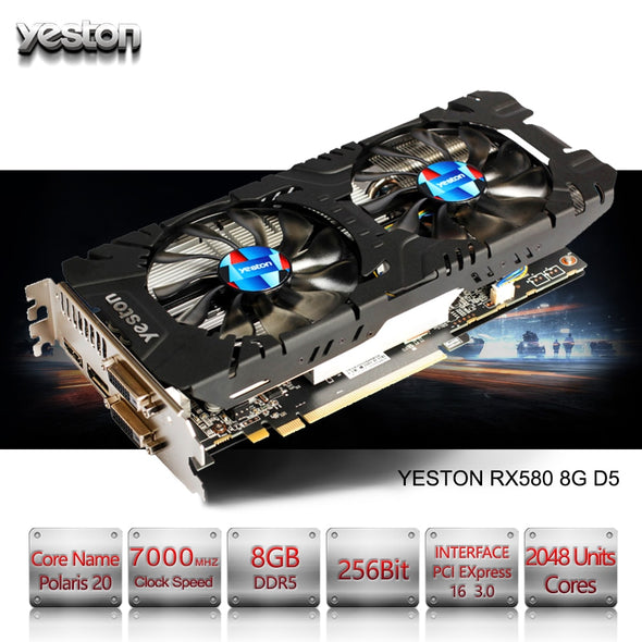 Yeston Radeon RX 580 GPU 8GB GDDR5 256bit Gaming Desktop computer PC Video Graphics Cards support DVI/HDMI PCI-E X16 3.0